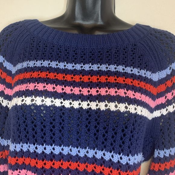 TALBOTS OPEN STITCH SWEATER - HAPPY STRIPE COTTON CREW NECK SIZE XL (16/18) NWT - Picture 5 of 14